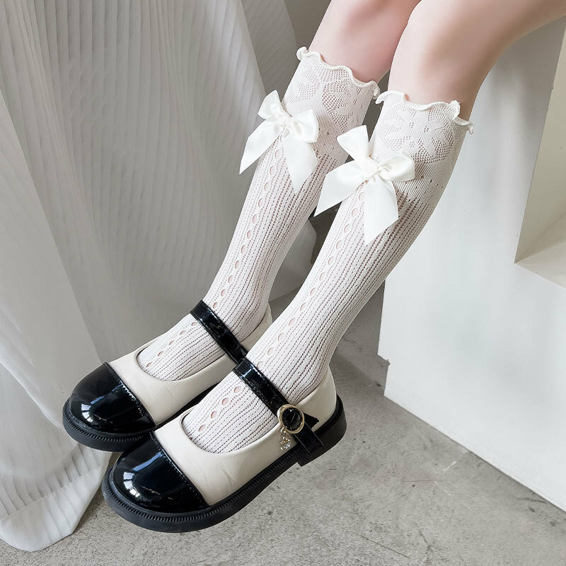 ถุงเท้าครึ่งน่องลายลูกไม้โลลิต้าสำหรับเด็กผู้หญิงถุงเท้าแบบบางเจ้าหญิงโบว์แบบผูกฤดูร้อน