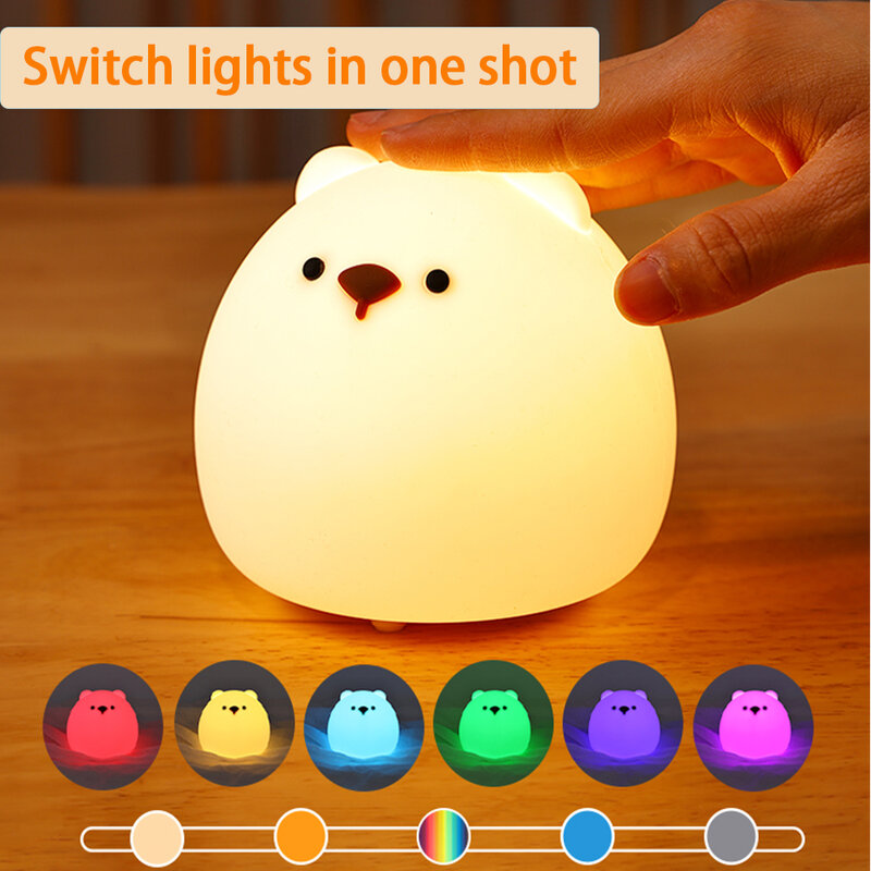 LED Sensor de Toque Animal Bear Night Light, USB Recarregável, Lâmpada colorida para o quarto das crianças, Cabeceira, Silicone, Criança