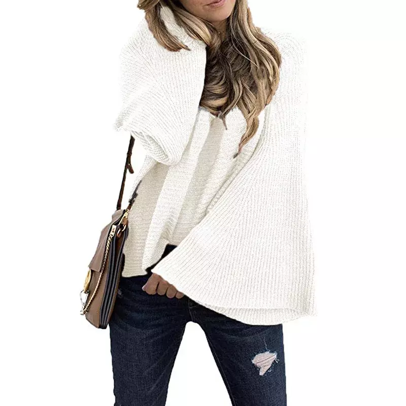 Женский зимний свитер с рукавами-фонариками, однотонный модный свитер с круглым вырезом и длинными расклешенными рукавами, милая уличная одежда, осень-зима 2022