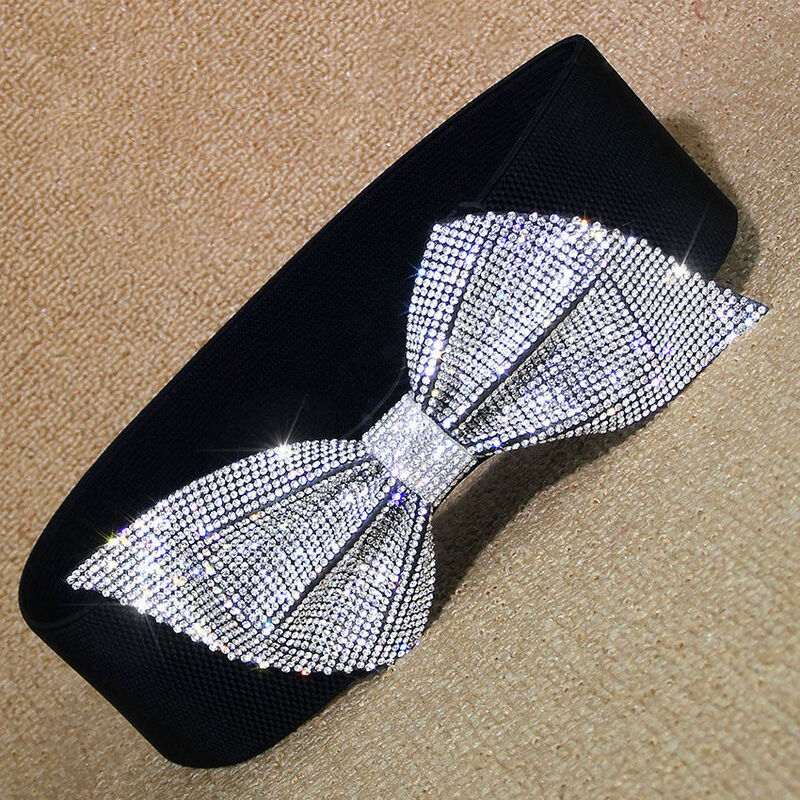 Diamond Glitter Bow Tie Waistbelt for Girls with Bowknot Rhinestone Wide Waist Belt for Dress Match Elastic Waist Seal