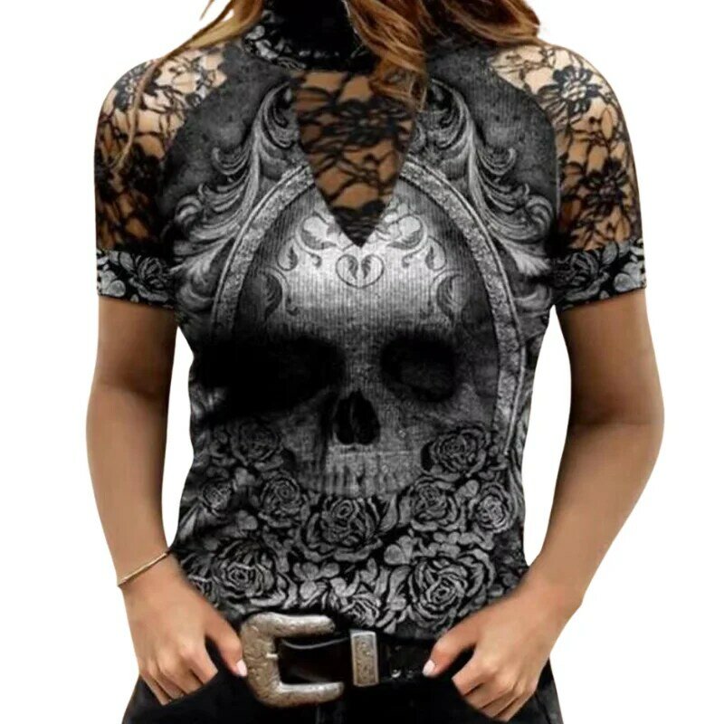 2023 여성 패션 터틀넥 해골 꽃 프린트 티셔츠, 고딕 할로우 반팔 상의, 보헤미안 블랙, 여름 신상