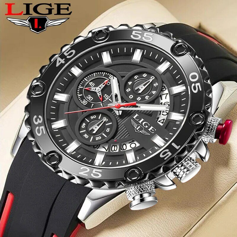 LIGE-남성용 발광 시계, 스포츠 육군 남성용 시계, 방수 쿼츠 시계, 남자 크로노그래프 밀리터리 손목시계