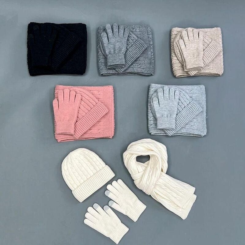 JANEFUR  Winter Warmer 3 In 1 Scarf Hat Gloves Set for Women 2024 Warm Wool Knitted Mittens Fleeced Beanies Muffler