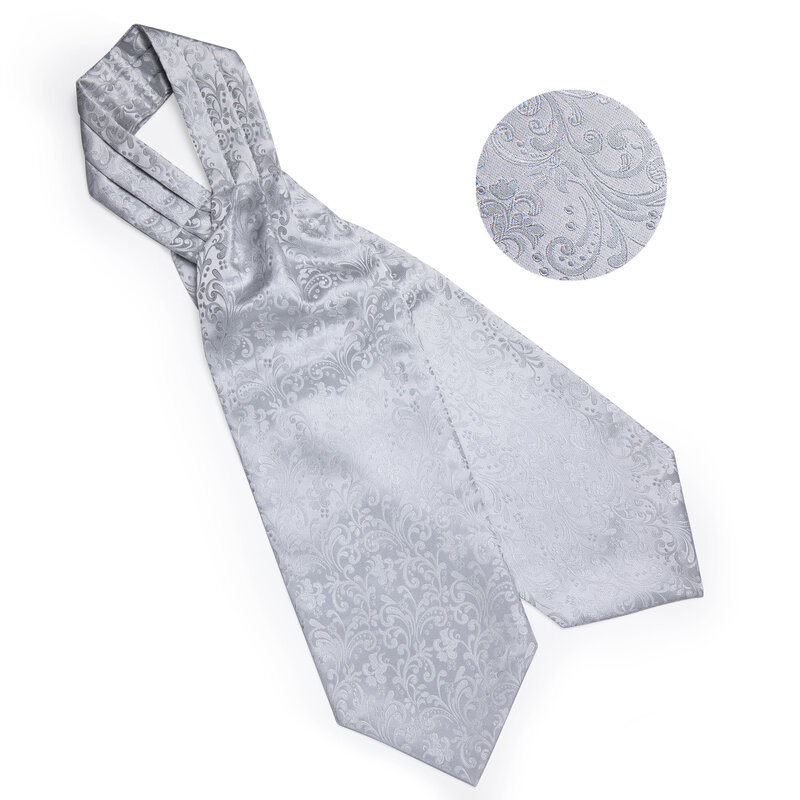 Conjunto de corbata de Ascot de seda de Cachemira de plata de lujo para hombres, corbata de fiesta de boda, corbata blanca, pañuelo, gemelos, juegos de anillos, DiBanGu