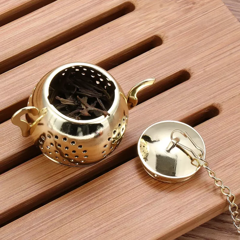 Metal Tea Strainer Teapot Shape Loose Tea Infuser Stainless Steel Leaf Tea Maker Strainer Chain Drip Tray Herbal Spice Filter