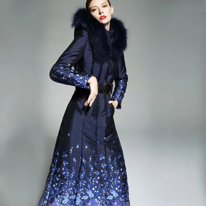 Luxuoso novo estilo versão limitada inverno feminino x-long casaco de pele real jacquard azul engrossado algodão para baixo parkas jaqueta feminina