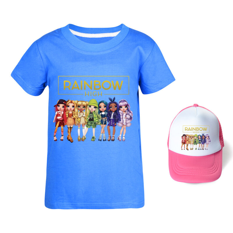 T-shirt arc-en-ciel Kawaii pour enfants, vêtements d'été pour filles, T-shirt à manches courtes et chapeau de soleil pour tout-petits, t-shirt décontracté pour garçons