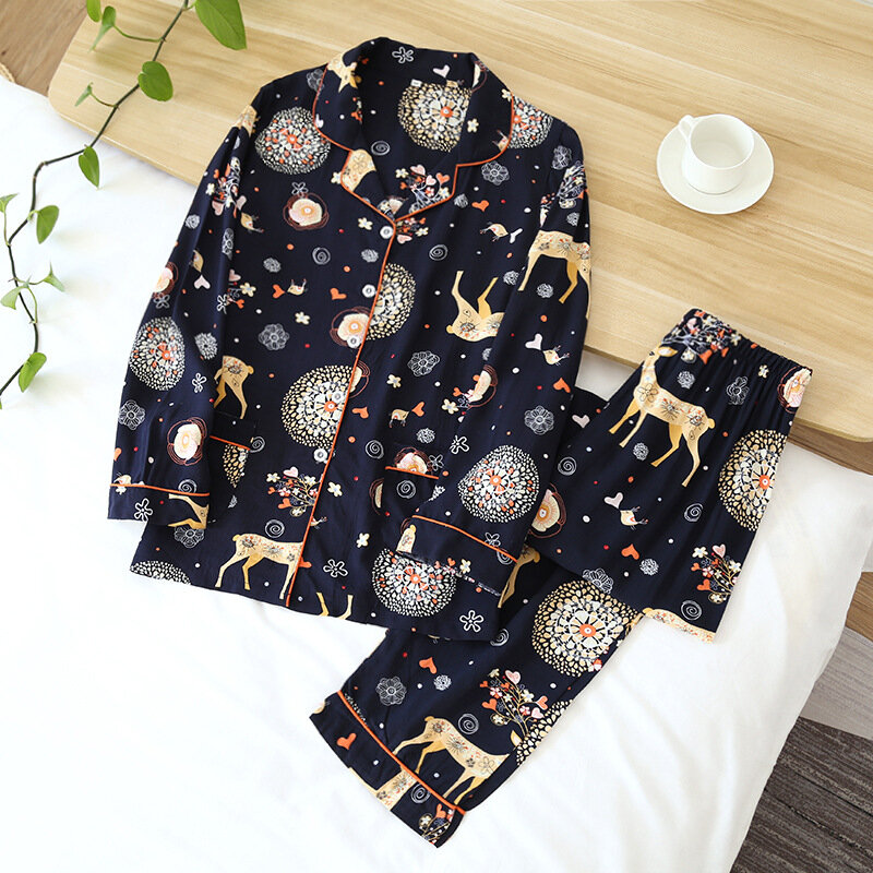 2022 Summer Women's 100% Viscose Pajama Turndown Collar 2pcs Print Sleepwear Long Sleeve Loungewear Button Down PJ Set Home Suit