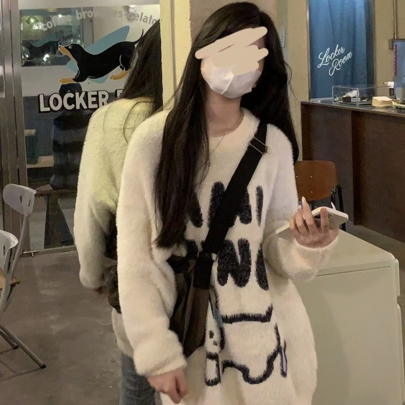 Pullover da donna in peluche con coniglio Harajuku cartone animato marten lana girocollo maglione da donna invernale morbido maglione ceroso top