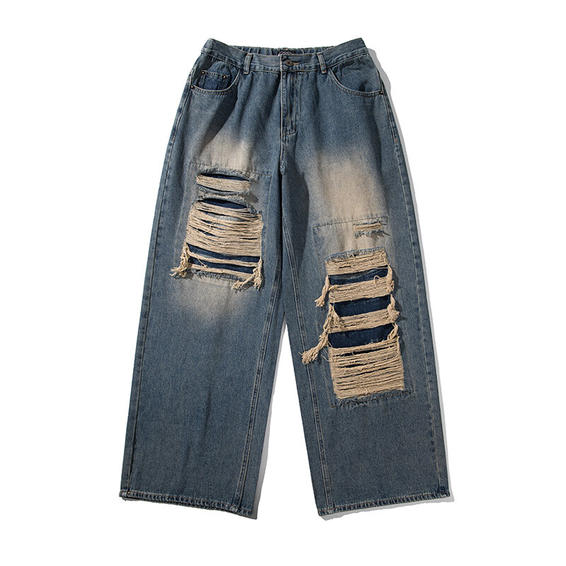 FEWQ-سراويل جينز للرجال مستقيمة الساق ، جينز فضفاض واسع ، سراويل رجالية واسعة الساق ، تصميم صيفي عتيق ، فتحة مكسورة ، أمريكية ، ربيعية