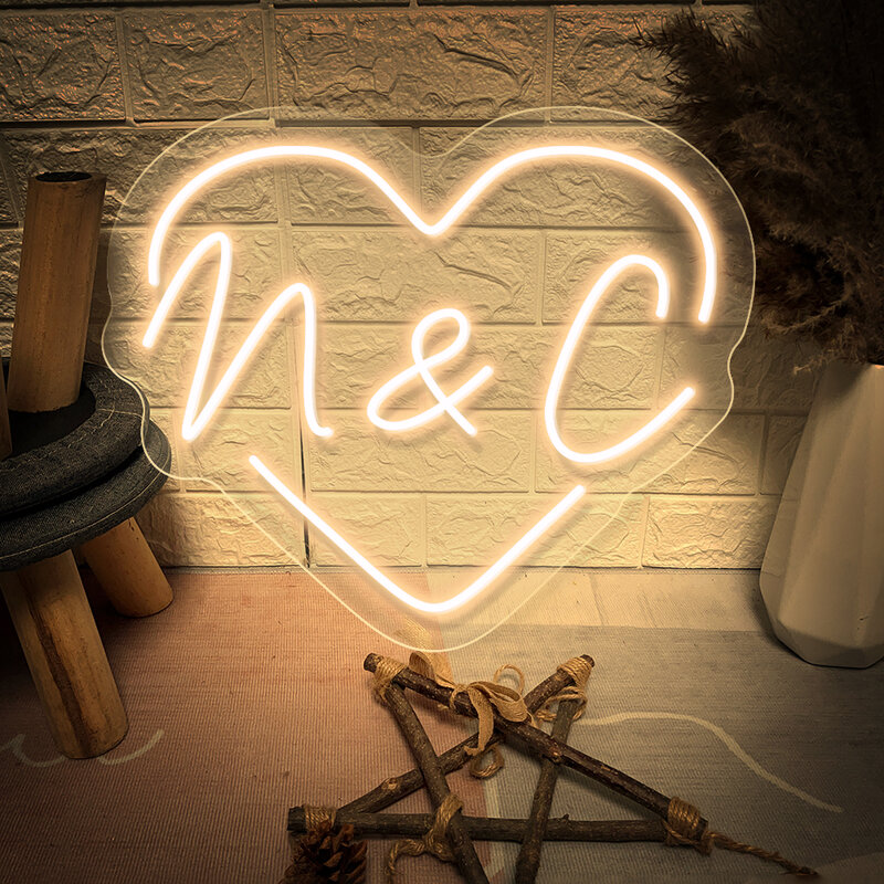 Enseigne au néon LED personnalisée en forme de cœur d'amour, lettres de nom personnalisées, décoration de mariage, chambre à coucher, décoration murale pour la maison