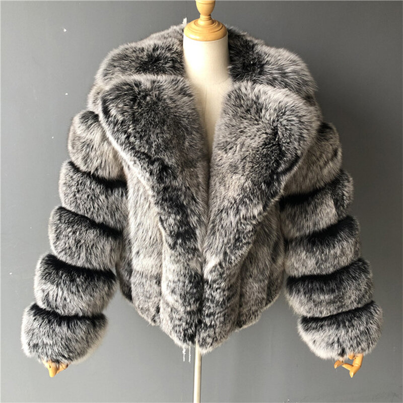 Mongolian Fur Coat Women Silver Fox Grey Faux Fur Jacket Thick Warm Fluffy Winter Outerwear Office Lady Artificial Fur Coats