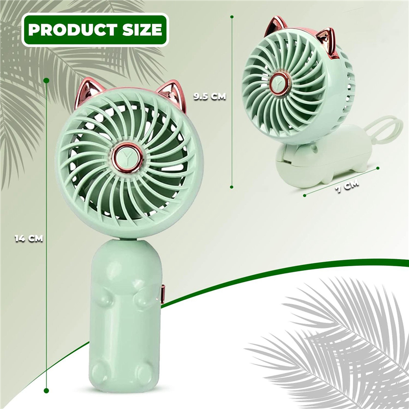 Ventilateur à main portable avec oreilles de chat, mini ventilateur avec batterie aste USB, petit ventilateur pliable, vert