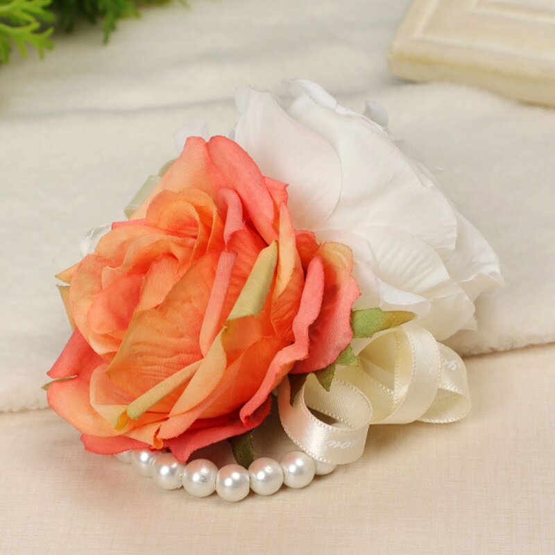270F Kunstmatige Rose Pols Corsage Polsband Met Greenery Bladeren Wedding Parels Polsbandje Hand Bloemen Voor Vrouwen Bruid Party