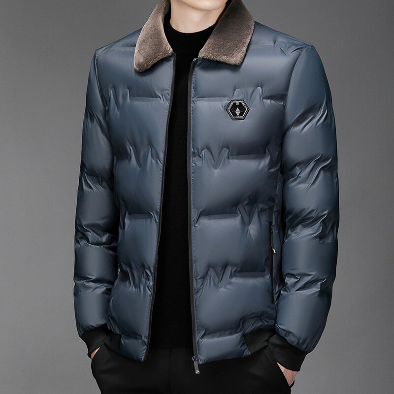 High Quality Jacket Cotton Coat Men's Solid Color Hatless Wool Collar Cotton Parkas Winter Windproof and Warm