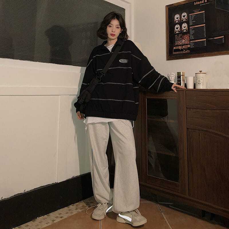 패션 스트라이프 후드티 하라주쿠 블랙 스웨트셔츠 여성용, 한국 빈티지 힙합 풀오버 심미적 특대