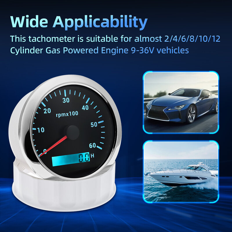 Carro RPM Tacômetro Medidor, Hourmeter Digital para barco marinho, 7 cores Backlight, 12V, 24V, 3000RPM-8000RPM, 85 milímetros