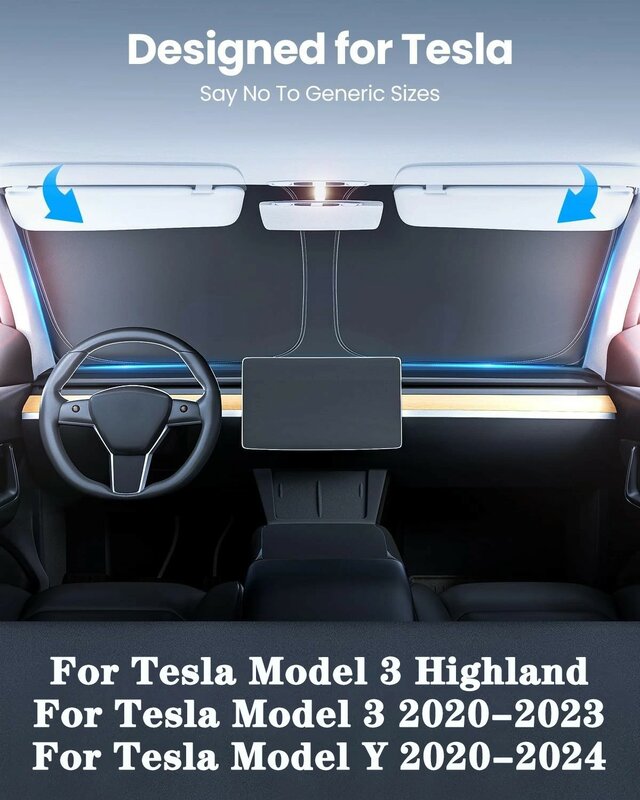 Ulepszona składana osłona przeciwsłoneczna na przednią szybę do Tesla Model Y Model 3 Highland 2024-2017, osłona przeciwsłoneczna ulepszona ochrona przed promieniowaniem UV z torbą