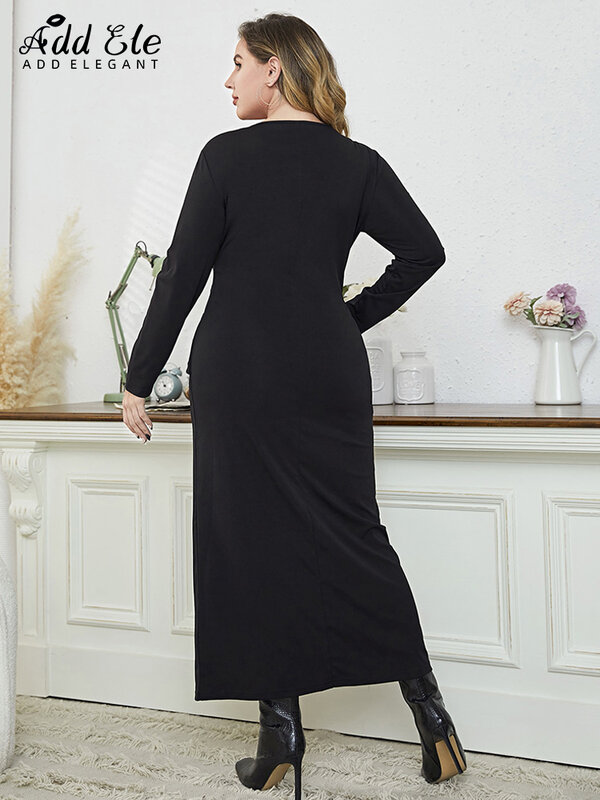 우아한 플러스 사이즈 연필 Bodycon 여성 드레스, 2022 가을 통근 주름 디자인 o-넥 세련된 긴 소매 의류 B864 추가