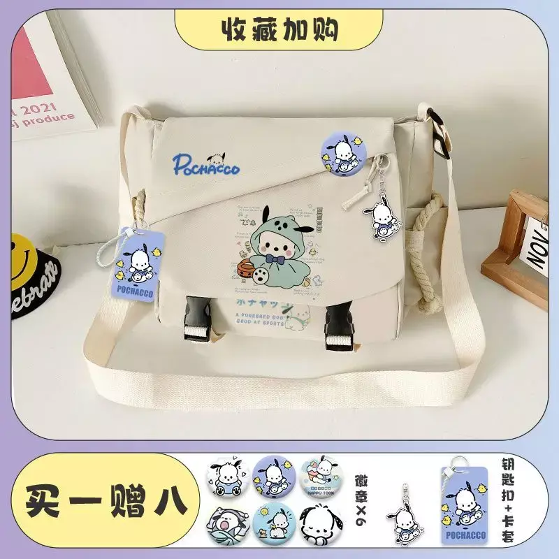 Sanrio tas selempang anjing Pacha, ransel satu bahu kelas kuliah pria dan wanita, tas kanvas portabel baru