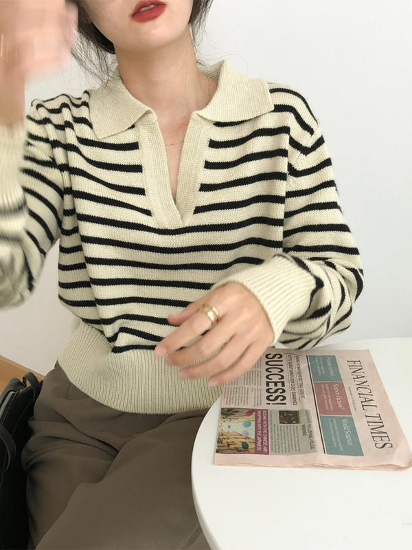Женский укороченный свитер в полоску, Повседневный пуловер оверсайз в Корейском стиле Харадзюку с воротником-поло, вязаный джемпер, модный базовый шикарный свитер