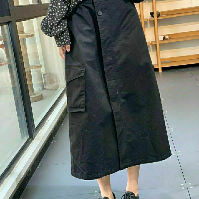 Large size women's early spring new patchwork half skirt design with diagonal buckle over knee skirt for commuting