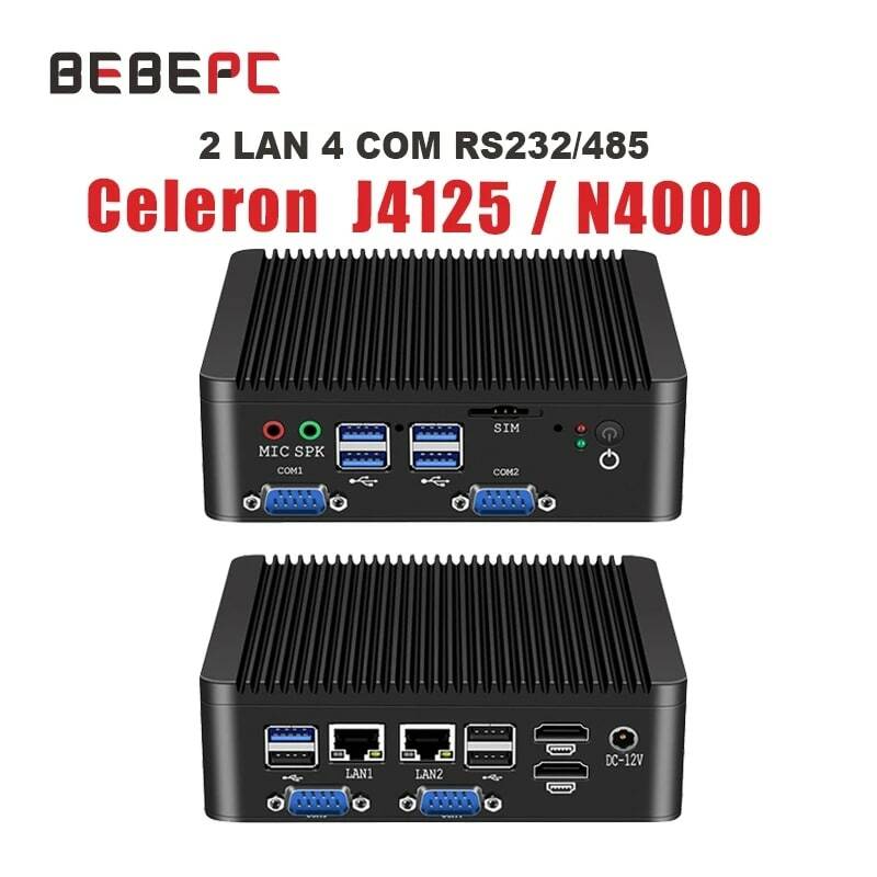 BEBEPC Mini komputer przemysłowy bez wentylatora Celeron J4125 czterordzeniowy N4000 2 LAN 4 COM komputer stacjonarny Windows 10 Pro Linux WIFI minipc