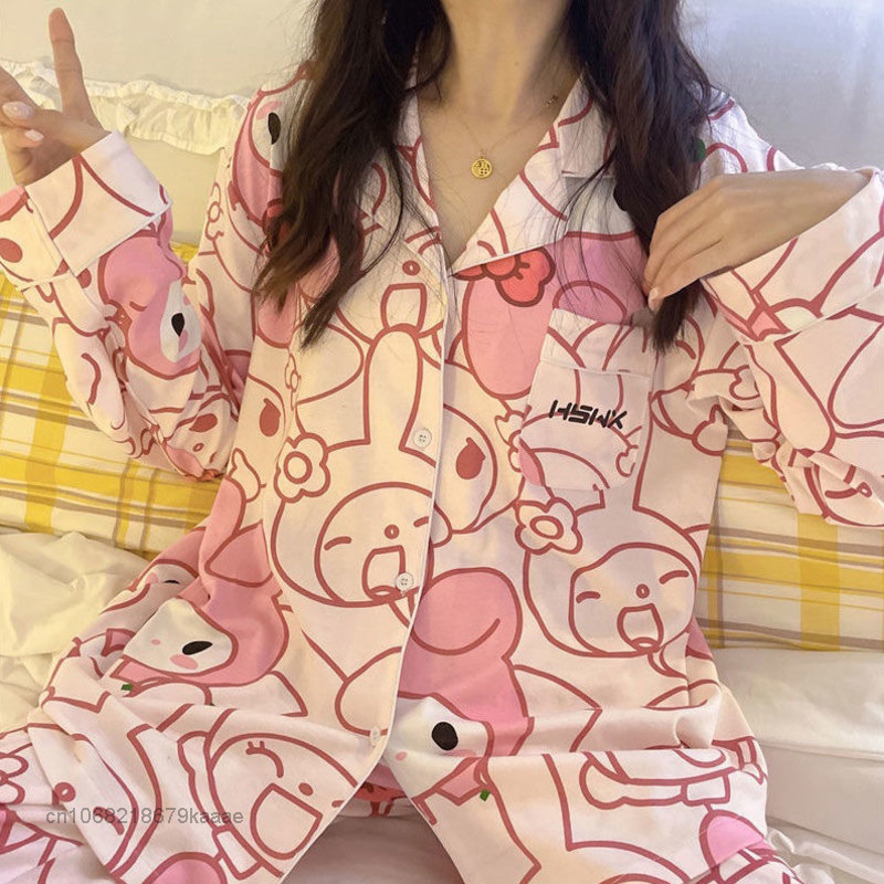 Sanrio Melodie Rosa Hause Kleidung Frühling Langarm Tops Breite Bein Hosen Frauen 2 Stück Set Pyjamas Y2k Weibliche Nette nachtwäsche Anzüge