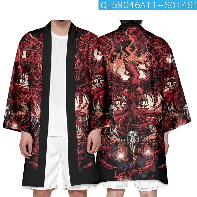 Letnia strój Tang suknia długa Kimono Haori Hanfu płaszcz męski japońskie Retro nadruk kardigan feniksa