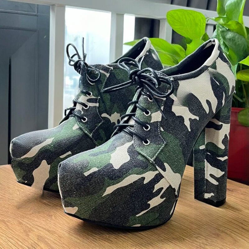 2024 Handmade Women Spring Pumps Chunky High Heels Round Toe Camouflage Cosplay Shoes Ladies Plus US Size 5-20