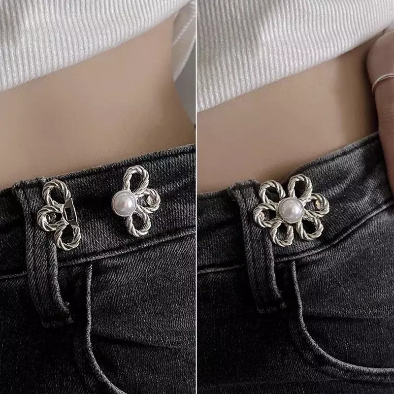 Retractable Pearl Flower Waist Buckle Reusable Metal Waist Tighten Buckle Clip Snap Fastener Pants Pin for Skirts Jeans Button