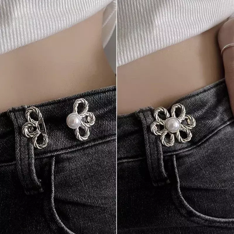 Épingle de pantalon à fermeture à pression pour jupes et jeans, perle rétractable, fleur, taille, strucréutilisable, métal, taille, serrer, clip, bouton