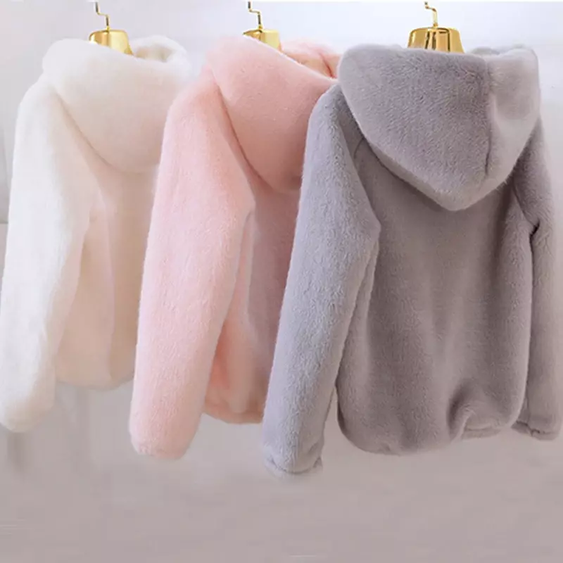Rabbit Imitation Fur Winter Soft Mink Faux Fur Coat Warm Artificial Fur Hooded Oversized 2023 Fashion Women White Black Jacket