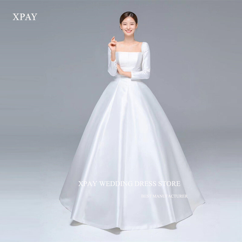 XPAY Simple A Line corea abiti da sposa in raso maniche lunghe lunghezza del pavimento servizio fotografico abiti da sposa corsetto indietro su misura