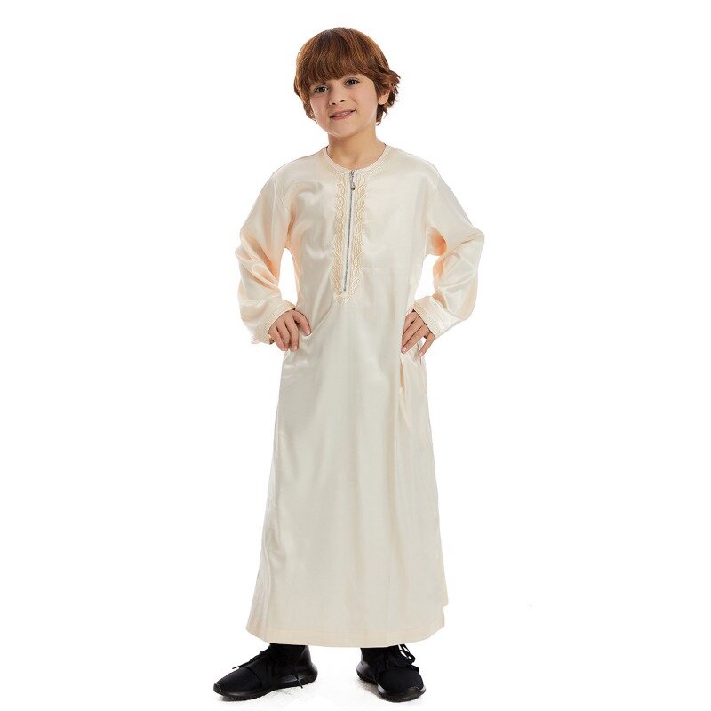 Muslimische Kinder roben nah östliche arabische Jungen Reiß verschluss gedruckt Rundhals ausschnitt Langarm Hemd islamische Roben Kleidung