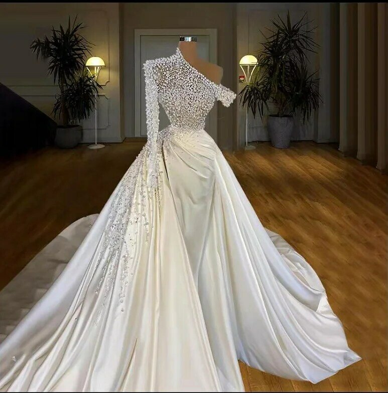 sheath wedding dresses with detachable train satin fabric with beading designs off shoulder split skirt bridal gowns