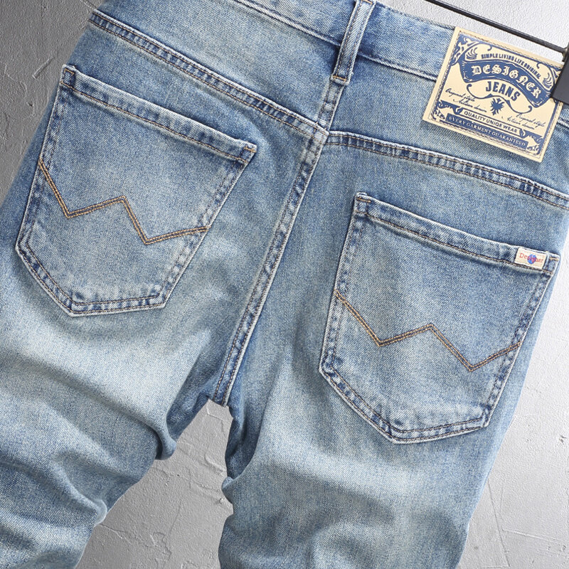 Jeans Stretch azuis retrô masculino, fit fino, vintage, estilo coreano, calça jeans casual, designer de moda, alta qualidade