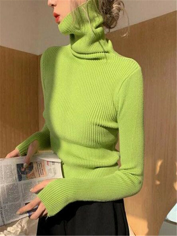 Sweater kerah Turtleneck heaps wanita, Sweater hangat lembut kasual atasan dasar wanita, Pullover ramping musim gugur musim dingin