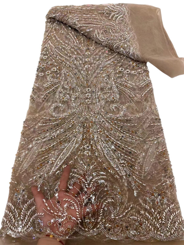 Afrykańska koronkowa tkanina z cekinami do szycia sukni ślubnej, niebieska tiulowa koronka, pan młody francuski i nigeryjski, koronka z koralików, wysoka jakość, 2024