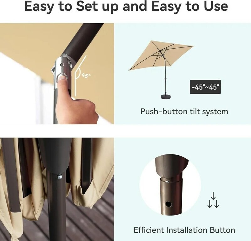 プッシュボタン付きの長方形のパティオテーブル傘,チルトとクランク付き,頑丈,6.6x10フィート