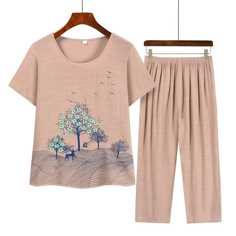 Conjunto de pijama estampado com flores de algodão feminino, pijamas femininos, pijamas soltos, calças largas de verão, novo, 2 peças