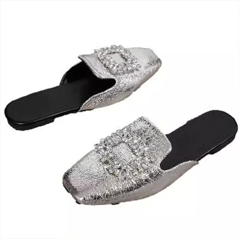 Women's Flat Slippers 2024 Summer Mules Crystal Slingback Dress Flip Flops Designer Mary Jane Square Toe Shoes Zapatos De Mujer