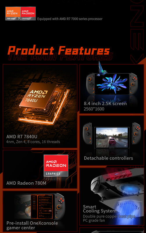 Console de jogos OneXPlayer 2 Pro, AMD Ryzen 7, 7840U, Mini PC portátil, Notebook portátil, Tablet para escritório comercial