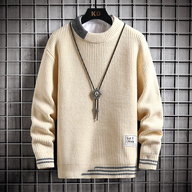 Herbst Winter Männer Pullover warmes Top neue Mode Nähte Farbe passend Pullover Rundhals pullover verdickt Strick pullover
