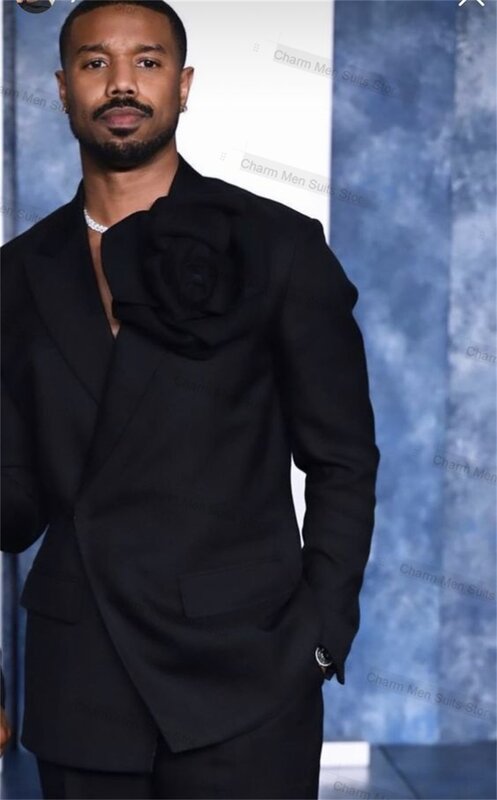 Abiti da uomo neri formali Set 2 pezzi Blazer + pantaloni giacca su misura ufficio 3D fiore sposo smoking da sposa cappotto monopetto
