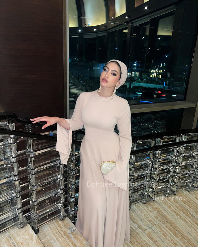 Eightree Light Pink Satin Evening Dresses Flare Long Sleeve O Neck Dubai Muslim Prom Dress Floor Length Arabic Formal Party Gown