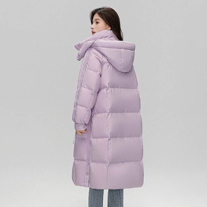 Casaco feminino de pato longo e acima do joelho, casaco de temperamento grosso, moda solta, nova versão coreana, maré 2023