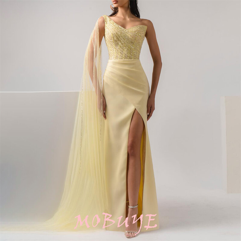 MOBUYE 2024 Popular One Shoulder Prom Dress Floor-Length With Short Sleeves Evening Fashion Elegant Party Dress For Women