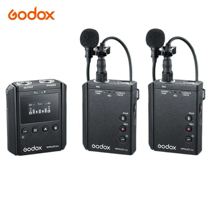 Sistema de microfone compacto sem fio Godox WMicS2 UHF, Microfone Lavalier profissional para Vlog Video, DSLR, Smartphone, Gravação Entrevista
