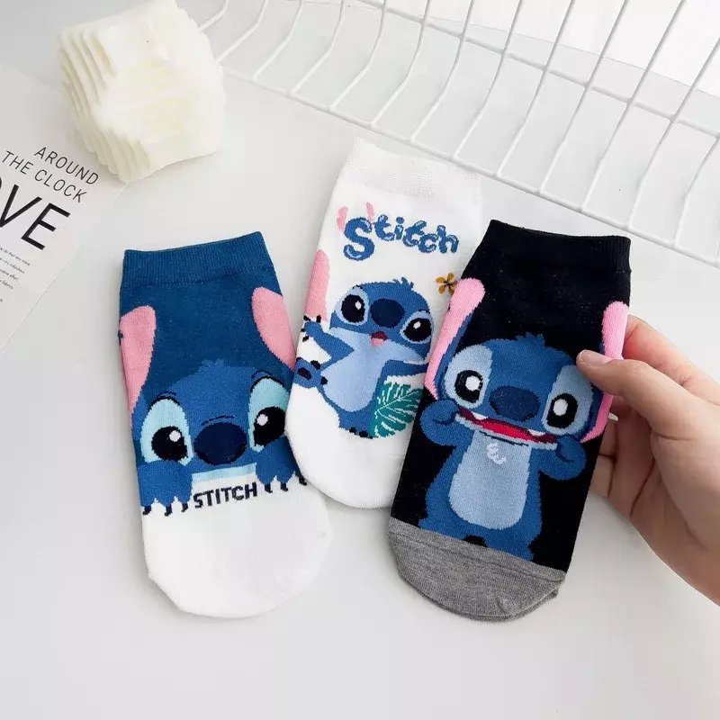 Stitch impresso meias dos desenhos animados para mulheres, meias curtas das meninas, tamanho único, bonito, barco, azul, 1 par, novo